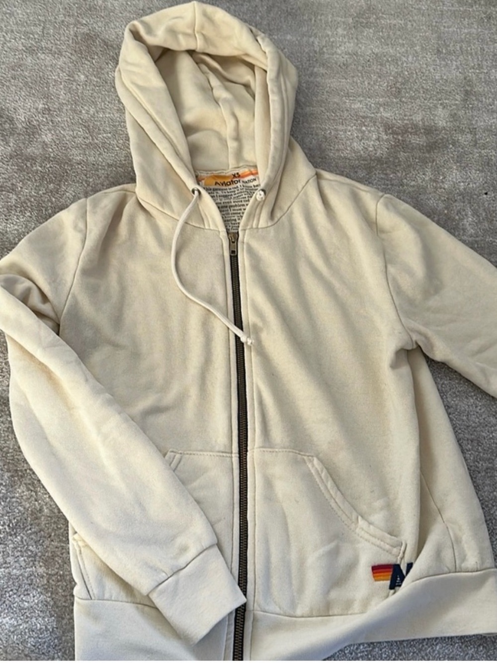 Aviator Nation Cream Zip Hoodie with Rainbow Stitch
